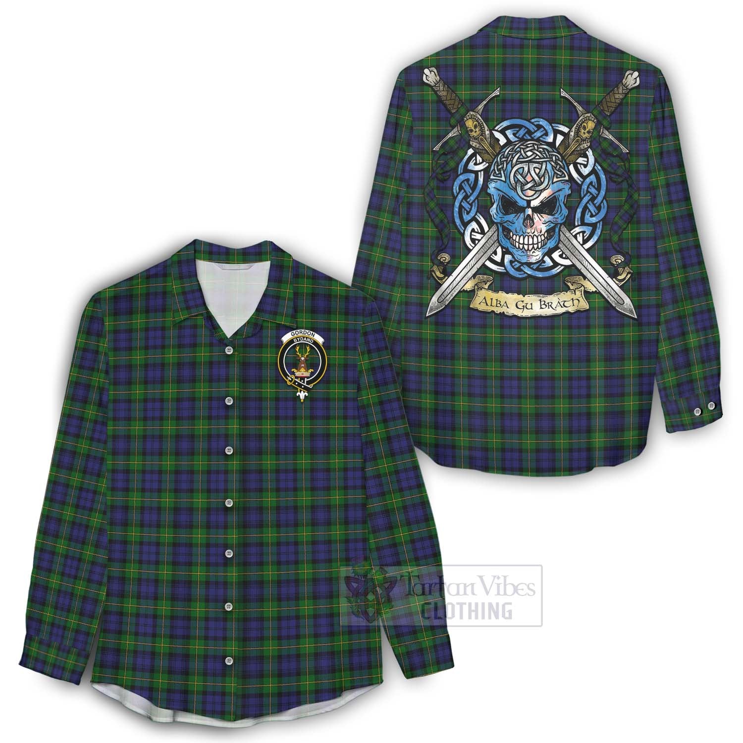 Tartan Vibes Clothing Gordon Tartan Women's Casual Shirt with Family Crest Celtic Skull Style