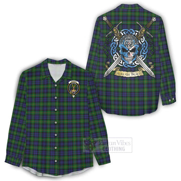 Gordon Tartan Women's Casual Shirt with Family Crest Celtic Skull Style