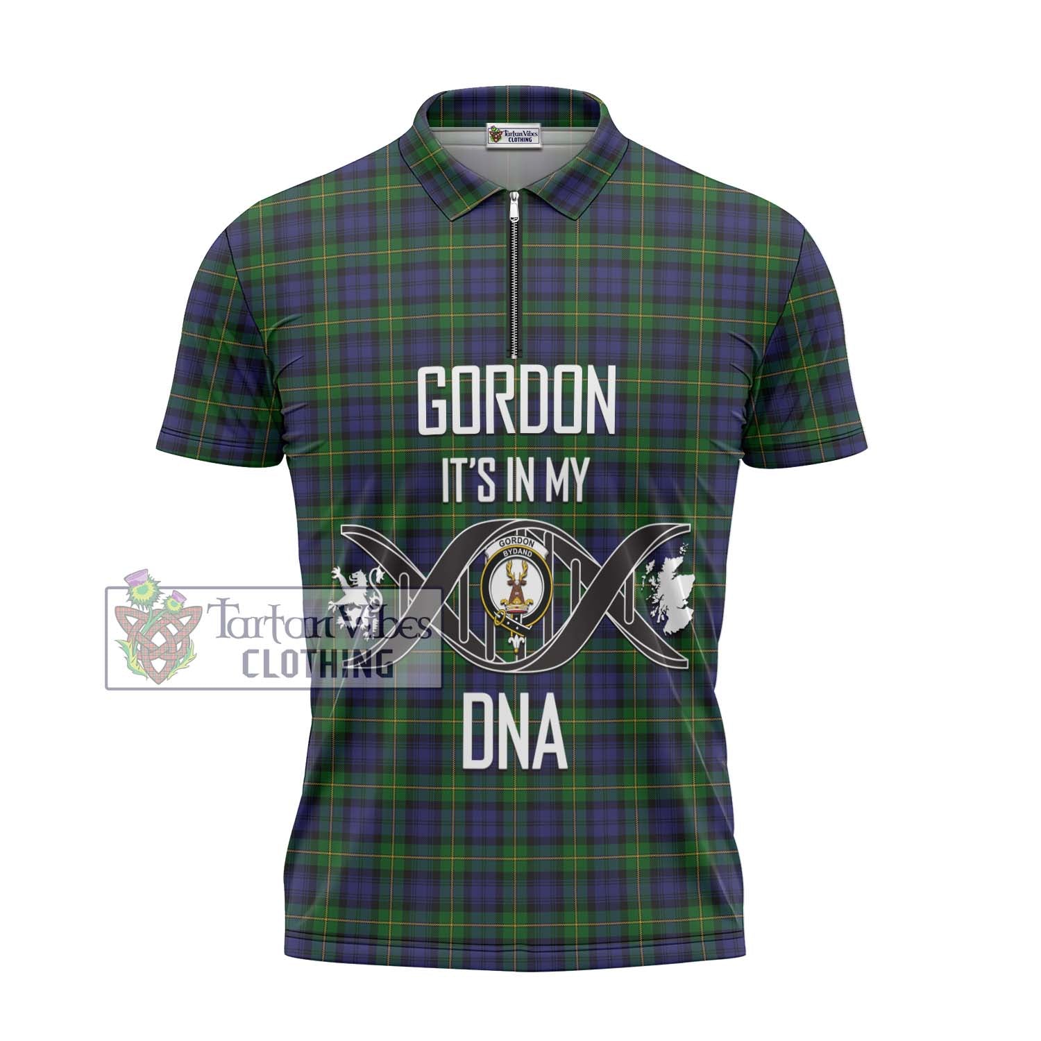 Gordon Tartan Zipper Polo Shirt with Family Crest DNA In Me Style - Tartanvibesclothing Shop