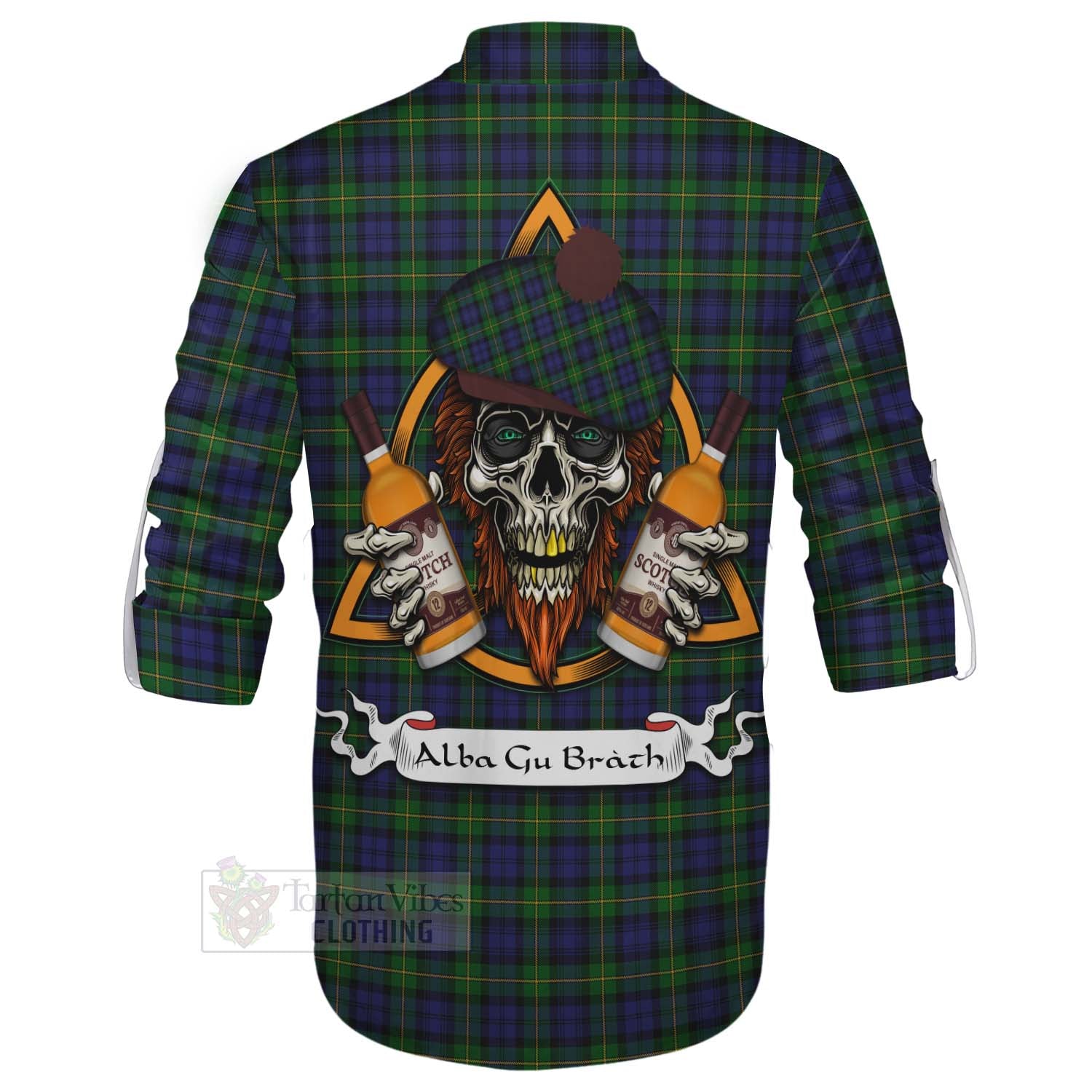 Tartan Vibes Clothing Gordon Tartan Ghillie Kilt Shirt with Family Crest and Bearded Skull Holding Bottles of Whiskey