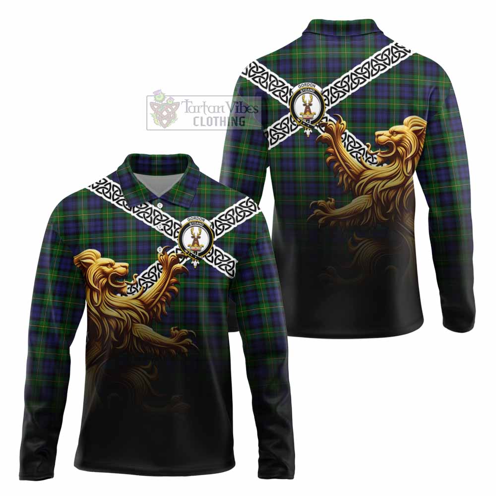 Gordon Crest Tartan Long Sleeve Polo Shirt with Golden Lion Emblem Celtic Style - Tartan Vibes Clothing