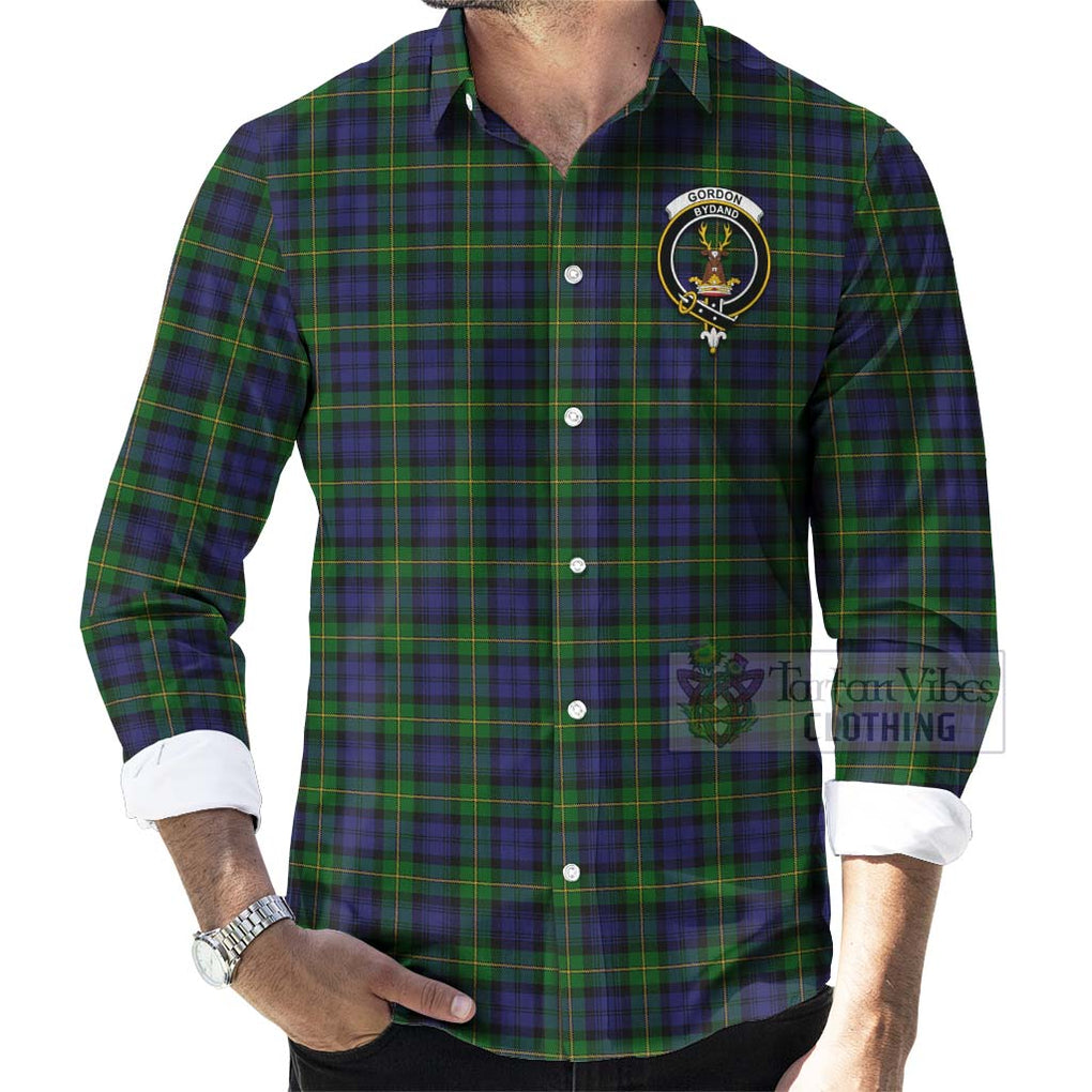 Tartan Vibes Clothing Gordon Tartan Long Sleeve Button Shirt with Family Crest Celtic Skull Style