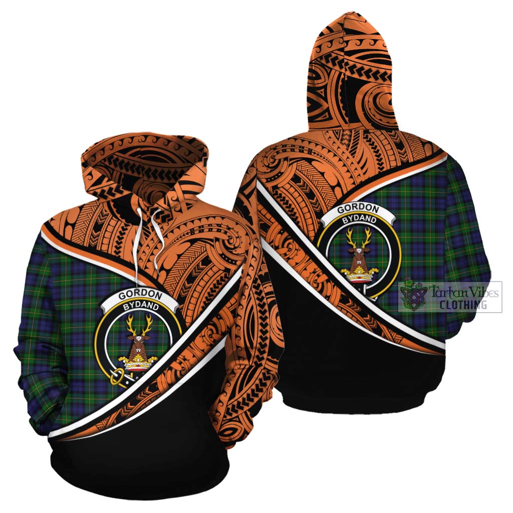 Tartan Vibes Clothing Gordon Crest Tartan Cotton Hoodie with Maori Tattoo Style - Orange Version