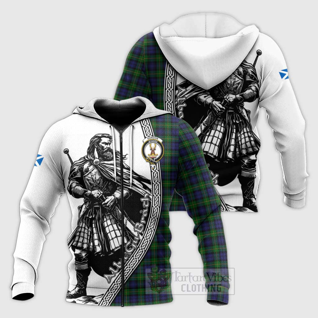 Tartan Vibes Clothing Gordon Tartan Clan Crest Knitted Hoodie with Highlander Warrior Celtic Style