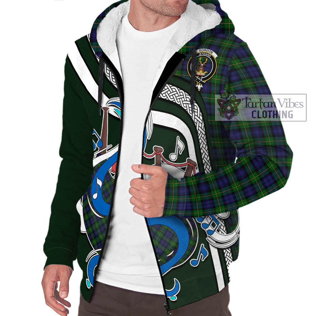 Gordon Tartan Sherpa Hoodie with Epic Bagpipe Style Unisex - Tartanvibesclothing Shop