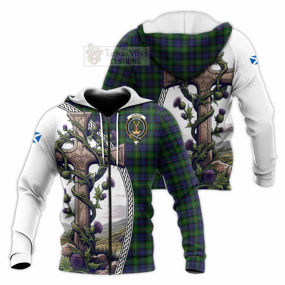 Tartan Vibes Clothing Gordon Tartan Knitted Hoodie with Family Crest and St. Andrew's Cross Accented by Thistle Vines