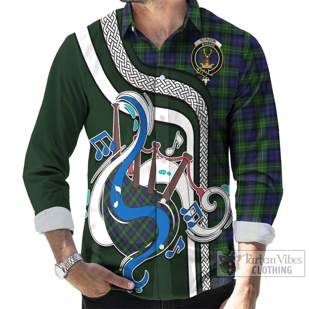 Gordon Tartan Long Sleeve Button Shirt with Epic Bagpipe Style - Tartanvibesclothing Shop