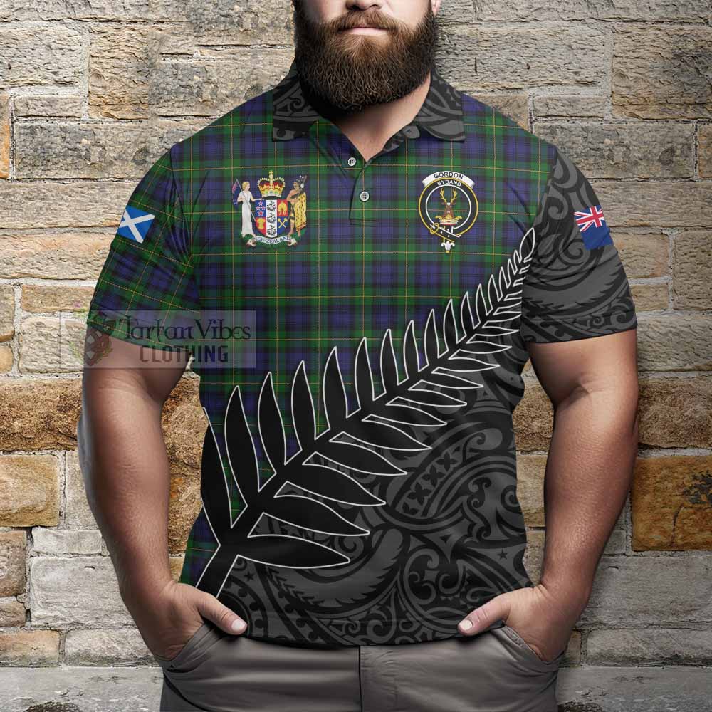 Tartan Vibes Clothing Gordon Crest Tartan Polo Shirt with New Zealand Silver Fern Half Style