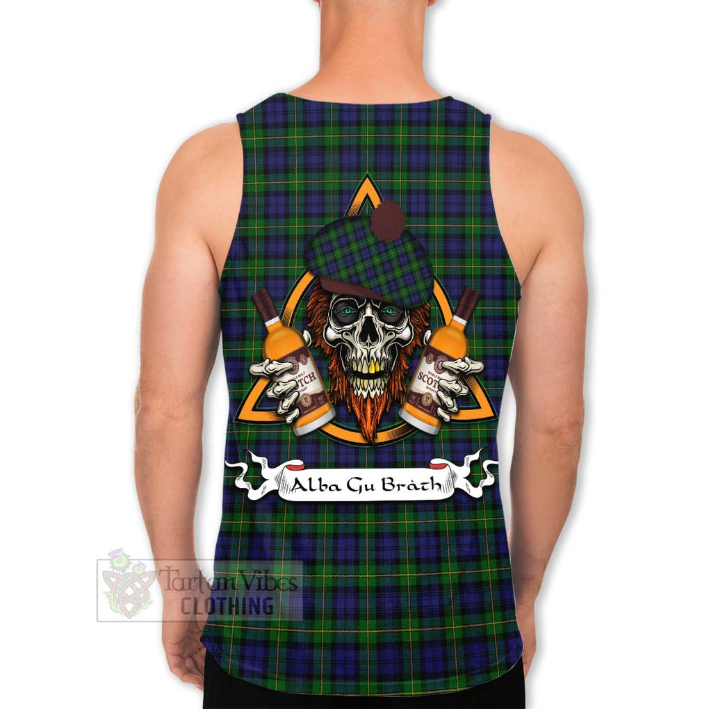 Tartan Vibes Clothing Gordon Tartan Men's Tank Top with Family Crest and Bearded Skull Holding Bottles of Whiskey