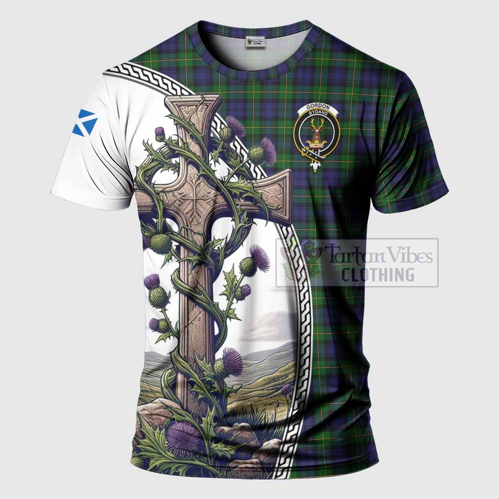 Tartan Vibes Clothing Gordon Agnew Tartan T-Shirt with Family Crest and St. Andrew's Cross Accented by Thistle Vines