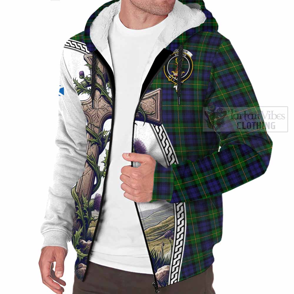 Tartan Vibes Clothing Gordon Tartan Sherpa Hoodie with Family Crest and St. Andrew's Cross Accented by Thistle Vines