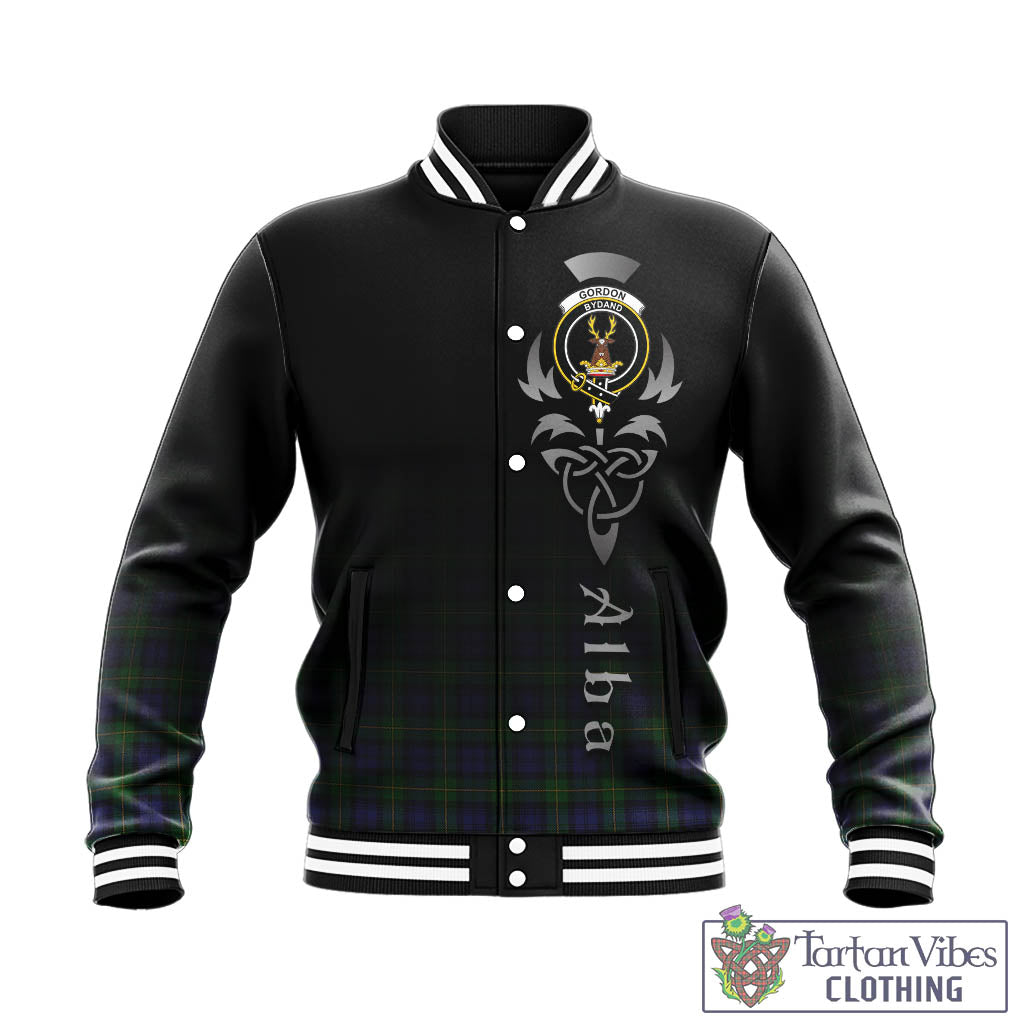 Tartan Vibes Clothing Gordon Tartan Baseball Jacket Featuring Alba Gu Brath Family Crest Celtic Inspired