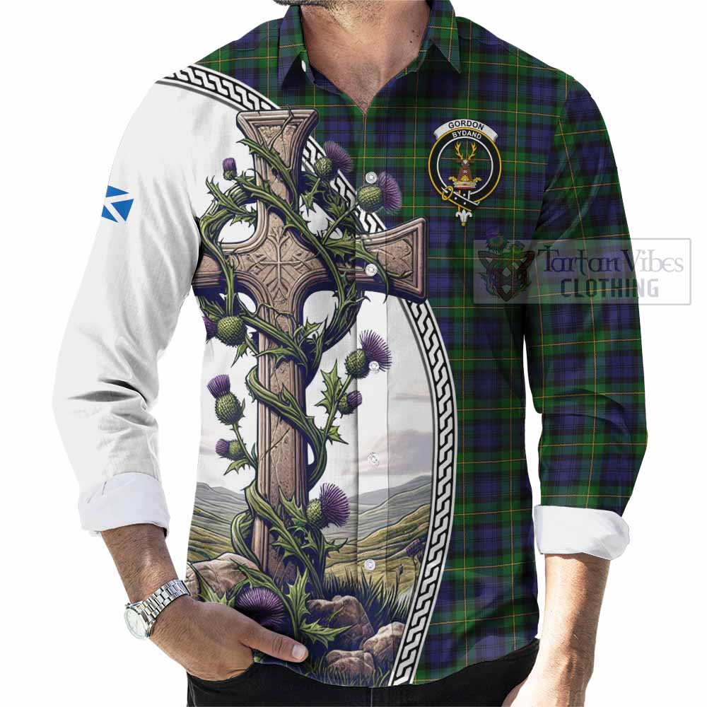 Tartan Vibes Clothing Gordon Tartan Long Sleeve Button Shirt with Family Crest and St. Andrew's Cross Accented by Thistle Vines