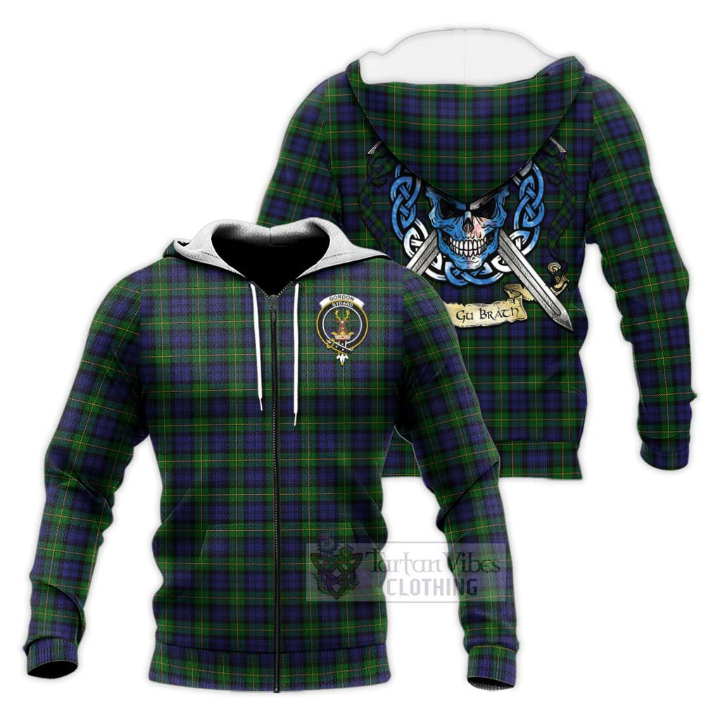 Tartan Vibes Clothing Gordon Tartan Knitted Hoodie with Family Crest Celtic Skull Style