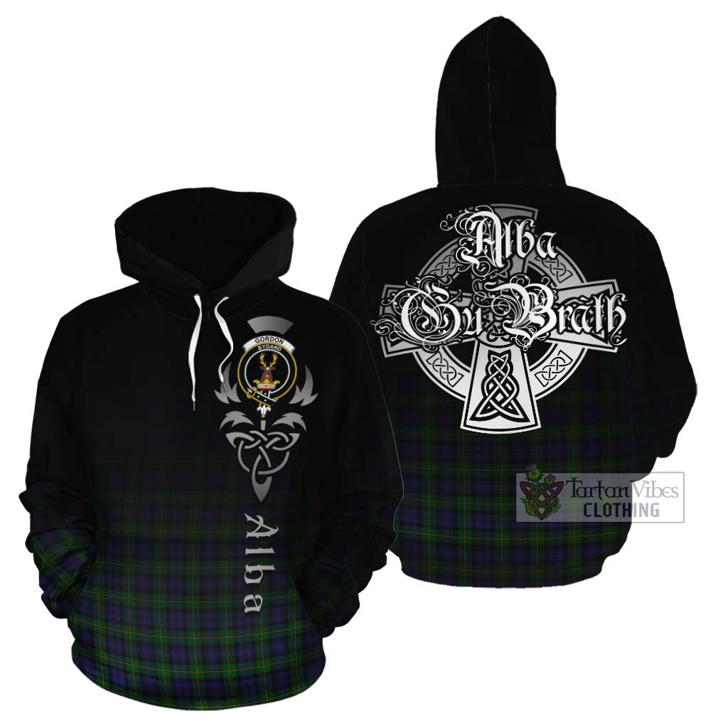 Tartan Vibes Clothing Gordon Tartan Cotton Hoodie Featuring Alba Gu Brath Family Crest Celtic Inspired