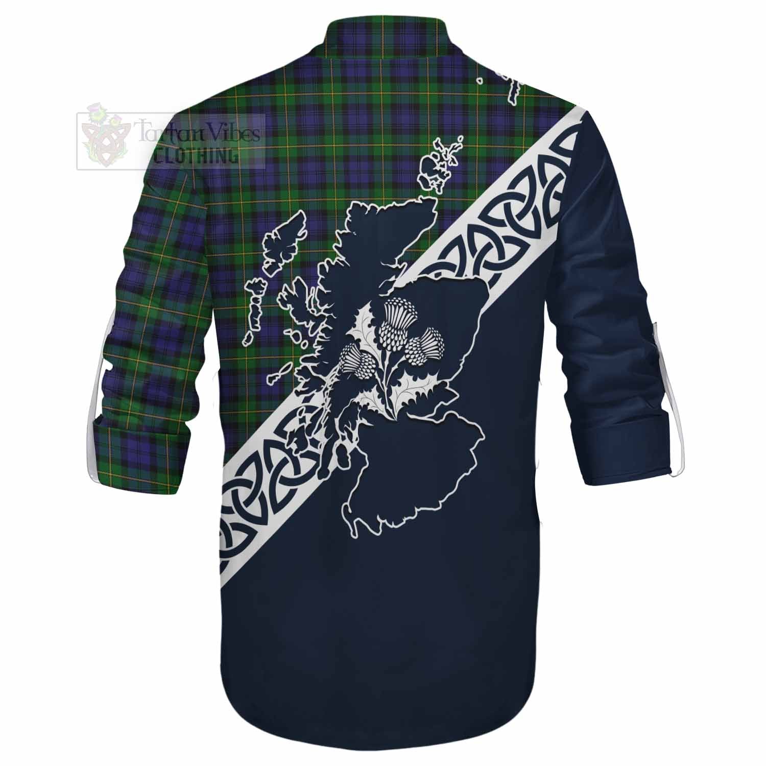 Tartan Vibes Clothing Gordon Tartan Ghillie Kilt Shirt Featuring Thistle and Scotland Map