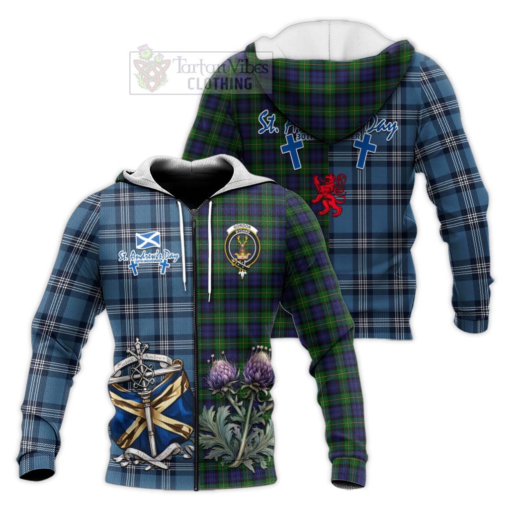 Tartan Vibes Clothing Gordon Tartan Knitted Hoodie Happy St. Andrew's Day Half Tartan Style