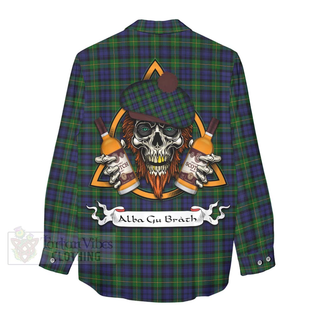 Tartan Vibes Clothing Gordon Tartan Women's Casual Shirt with Family Crest and Bearded Skull Holding Bottles of Whiskey