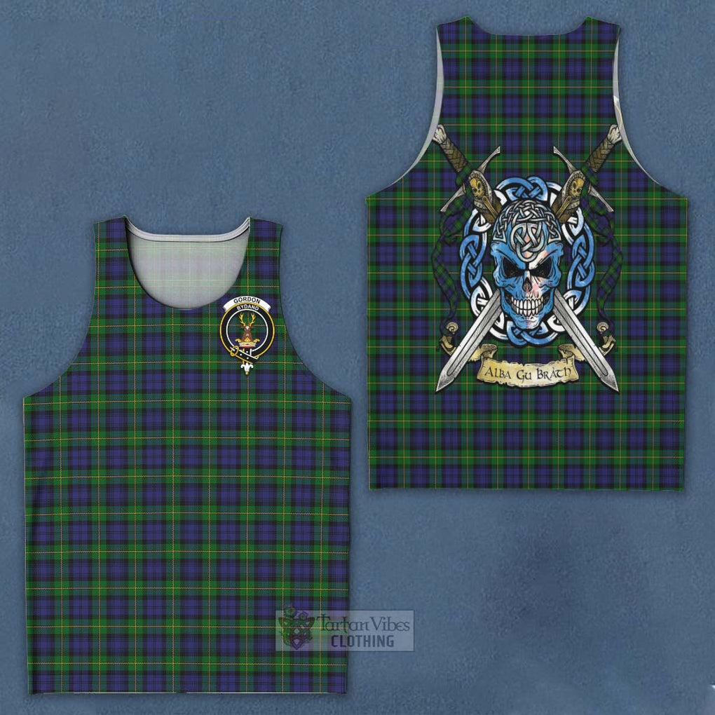 Tartan Vibes Clothing Gordon Tartan Men's Tank Top with Family Crest Celtic Skull Style