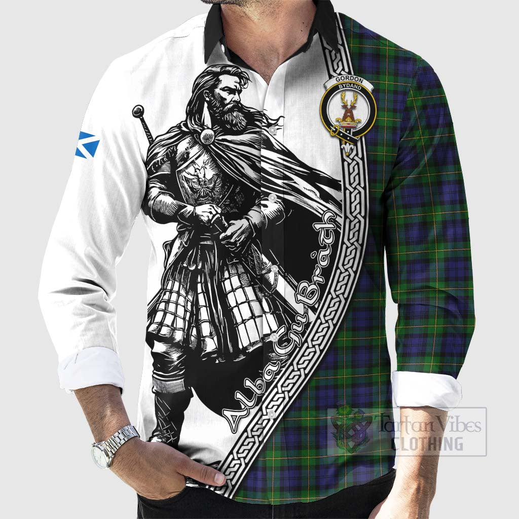 Tartan Vibes Clothing Gordon Tartan Clan Crest Long Sleeve Button Shirt with Highlander Warrior Celtic Style