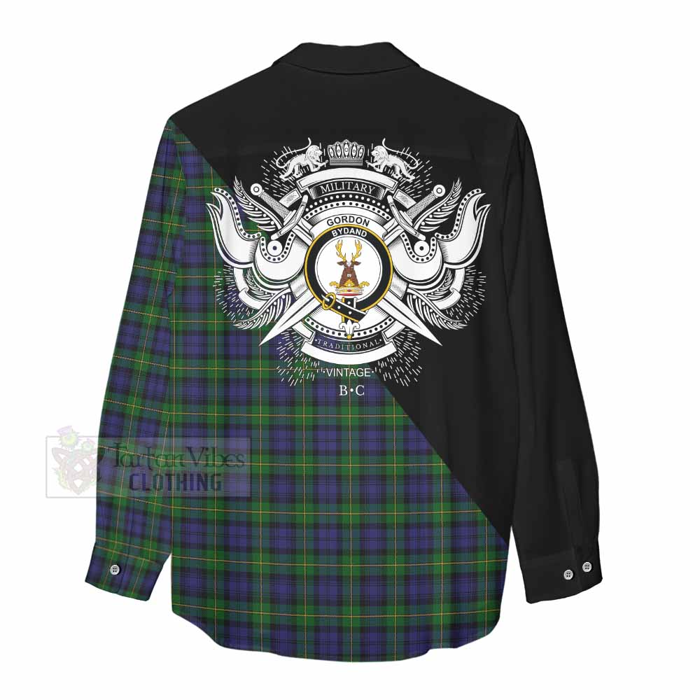 Tartan Vibes Clothing Gordon Tartan Women's Casual Shirt with Family Crest and Military Logo Style