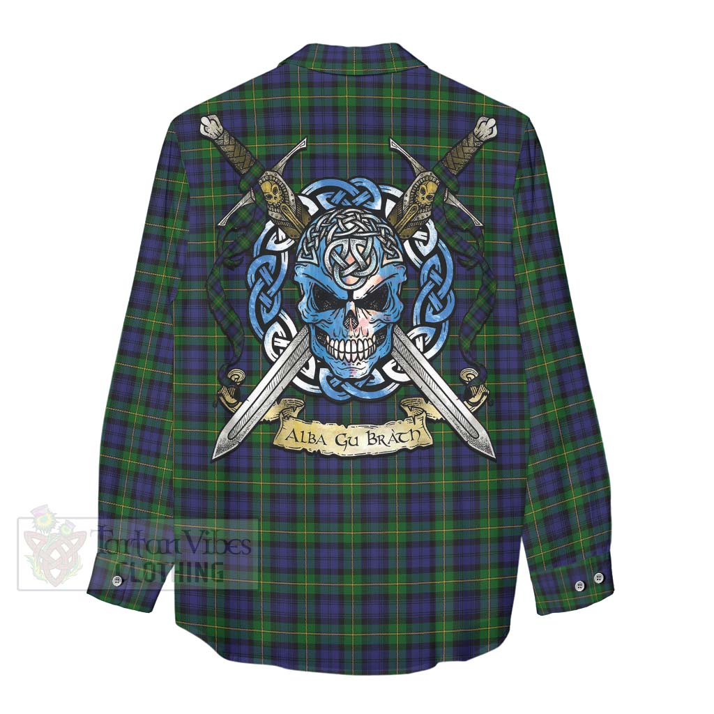 Tartan Vibes Clothing Gordon Tartan Women's Casual Shirt with Family Crest Celtic Skull Style