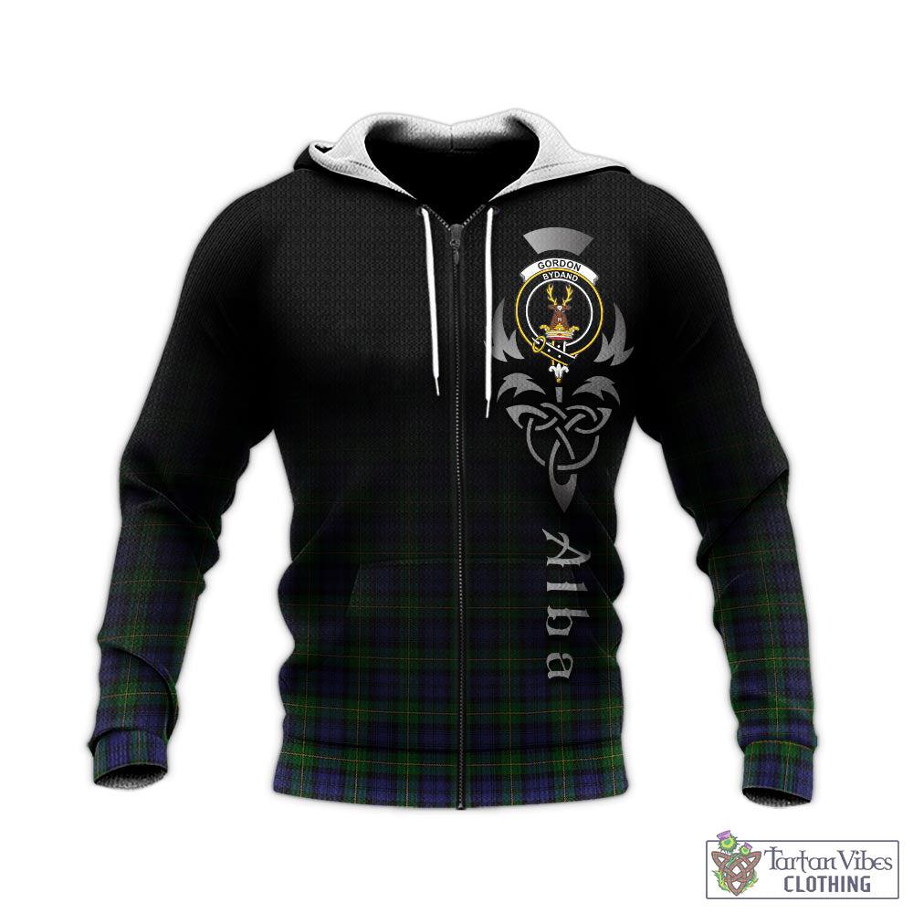 Tartan Vibes Clothing Gordon Tartan Knitted Hoodie Featuring Alba Gu Brath Family Crest Celtic Inspired