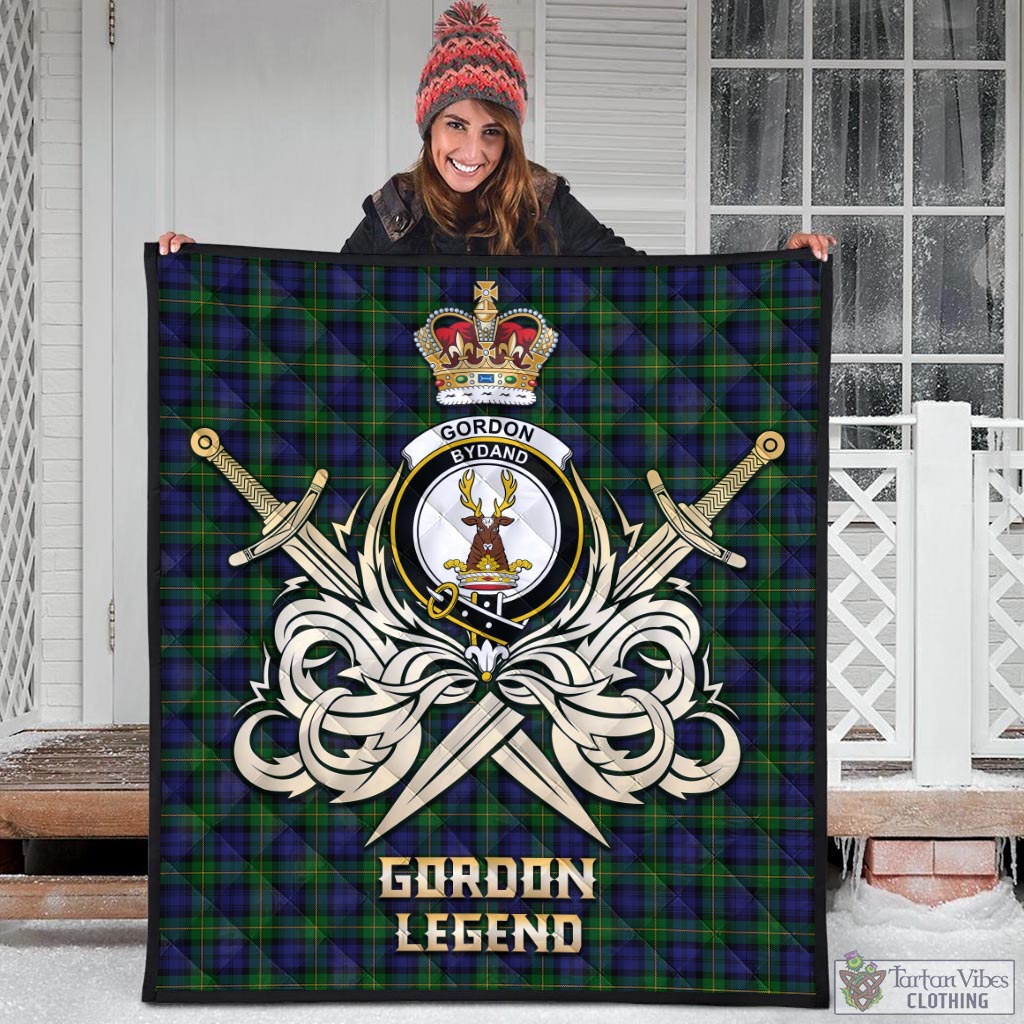 Tartan Vibes Clothing Gordon Tartan Quilt with Clan Crest and the Golden Sword of Courageous Legacy