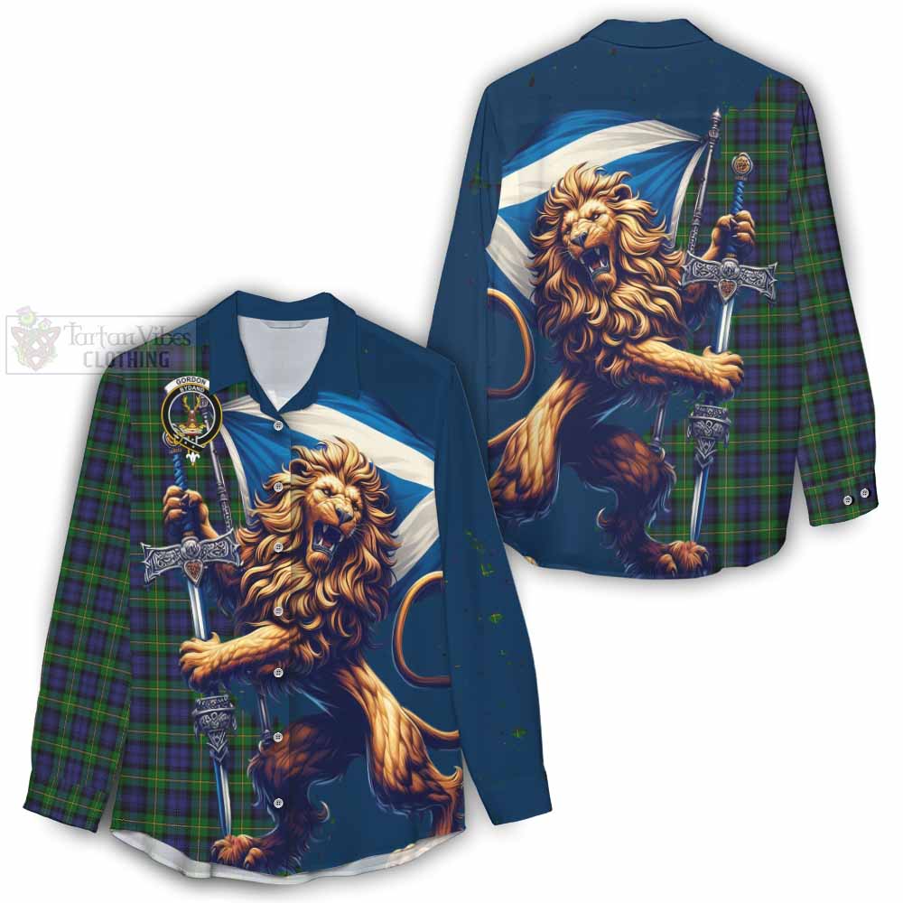 Tartan Vibes Clothing Gordon Tartan Family Crest Women's Casual Shirt with Scottish Majestic Lion