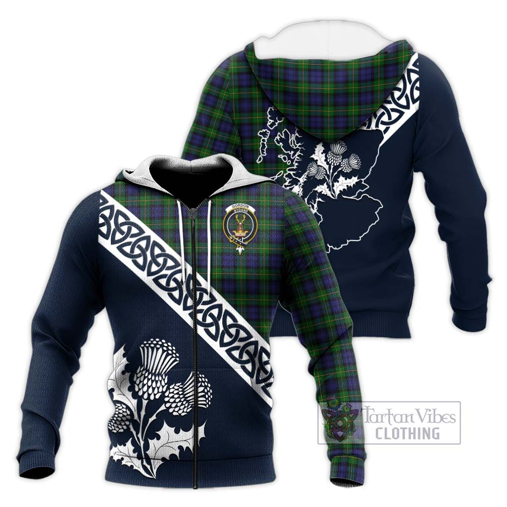 Tartan Vibes Clothing Gordon Tartan Knitted Hoodie Featuring Thistle and Scotland Map