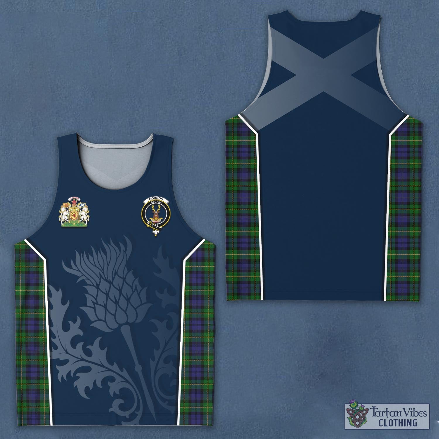 Tartan Vibes Clothing Gordon Tartan Men's Tanks Top with Family Crest and Scottish Thistle Vibes Sport Style