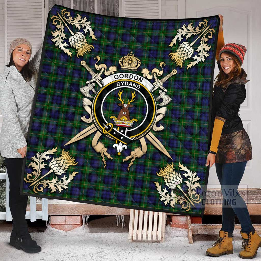 Tartan Vibes Clothing Gordon Tartan Quilt with Family Crest and Scottish Golden Courage Shield