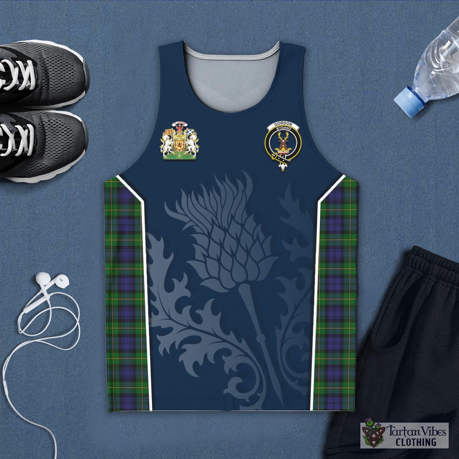 Tartan Vibes Clothing Gordon Tartan Men's Tanks Top with Family Crest and Scottish Thistle Vibes Sport Style