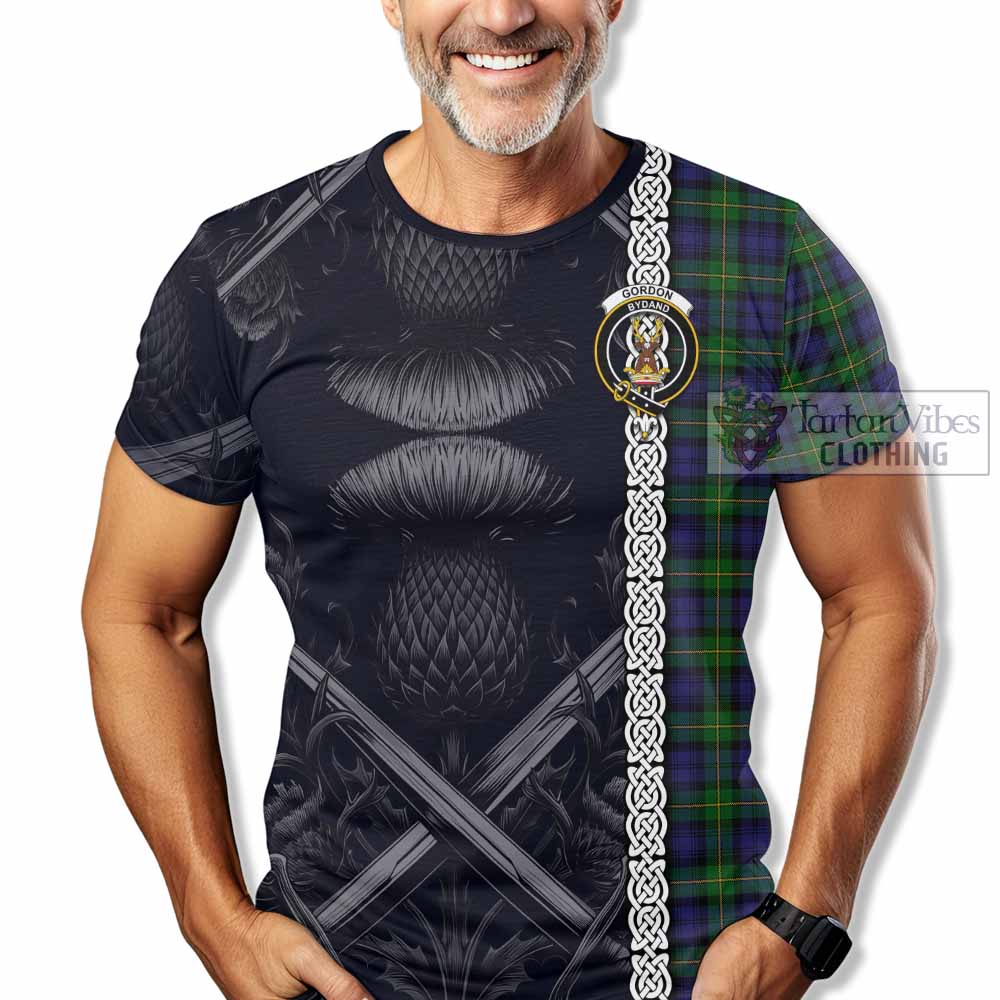 Tartan Vibes Clothing Gordon Tartan T-Shirt with Family Crest Cross Sword Thistle Celtic Vibes