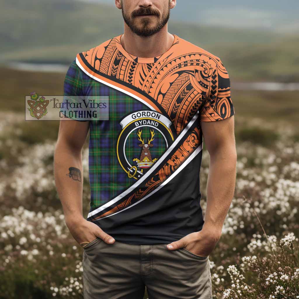 Tartan Vibes Clothing Gordon Crest Tartan T-Shirt with Maori Tattoo Style - Orange Version