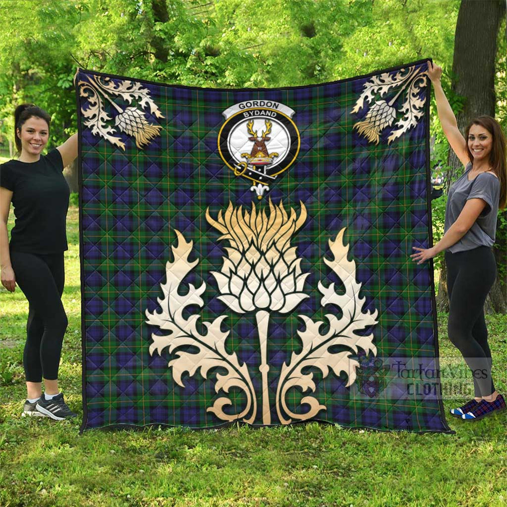 Tartan Vibes Clothing Gordon Tartan Quilt with Family Crest and Golden Thistle Style