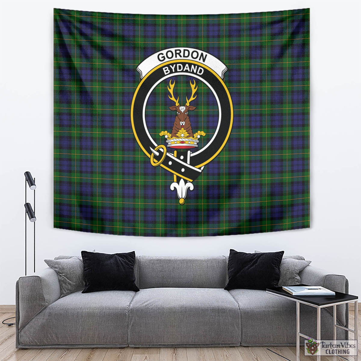 Tartan Vibes Clothing Gordon Tartan Tapestry Wall Hanging and Home Decor for Room with Family Crest