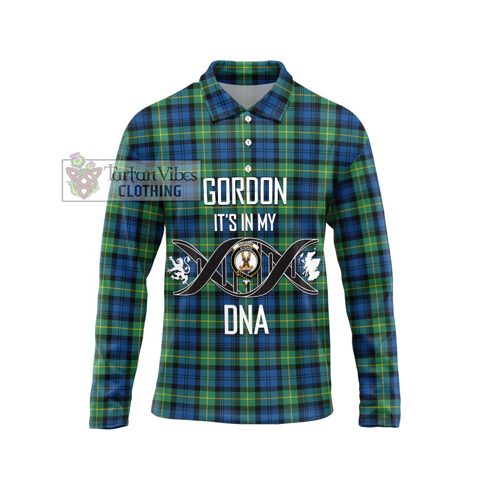 Gordon Ancient Tartan Long Sleeve Polo Shirt with Family Crest DNA In Me Style Unisex - Tartanvibesclothing Shop