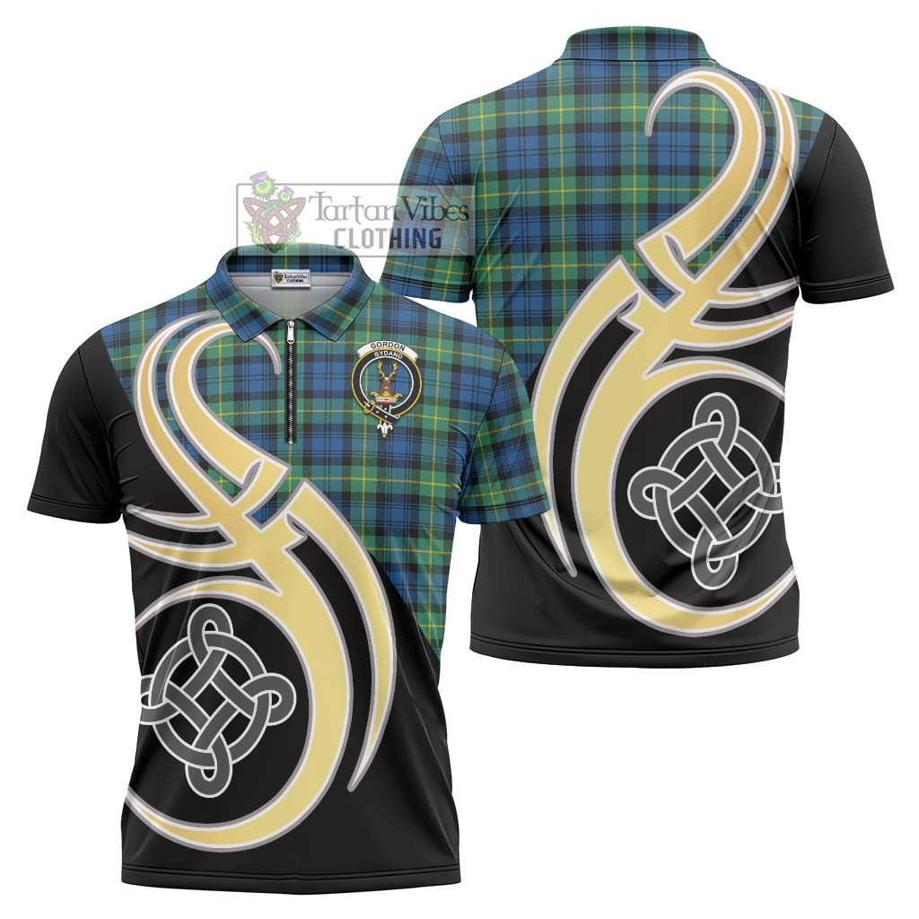 Tartan Vibes Clothing Gordon Ancient Tartan Zipper Polo Shirt with Family Crest and Celtic Symbol Style