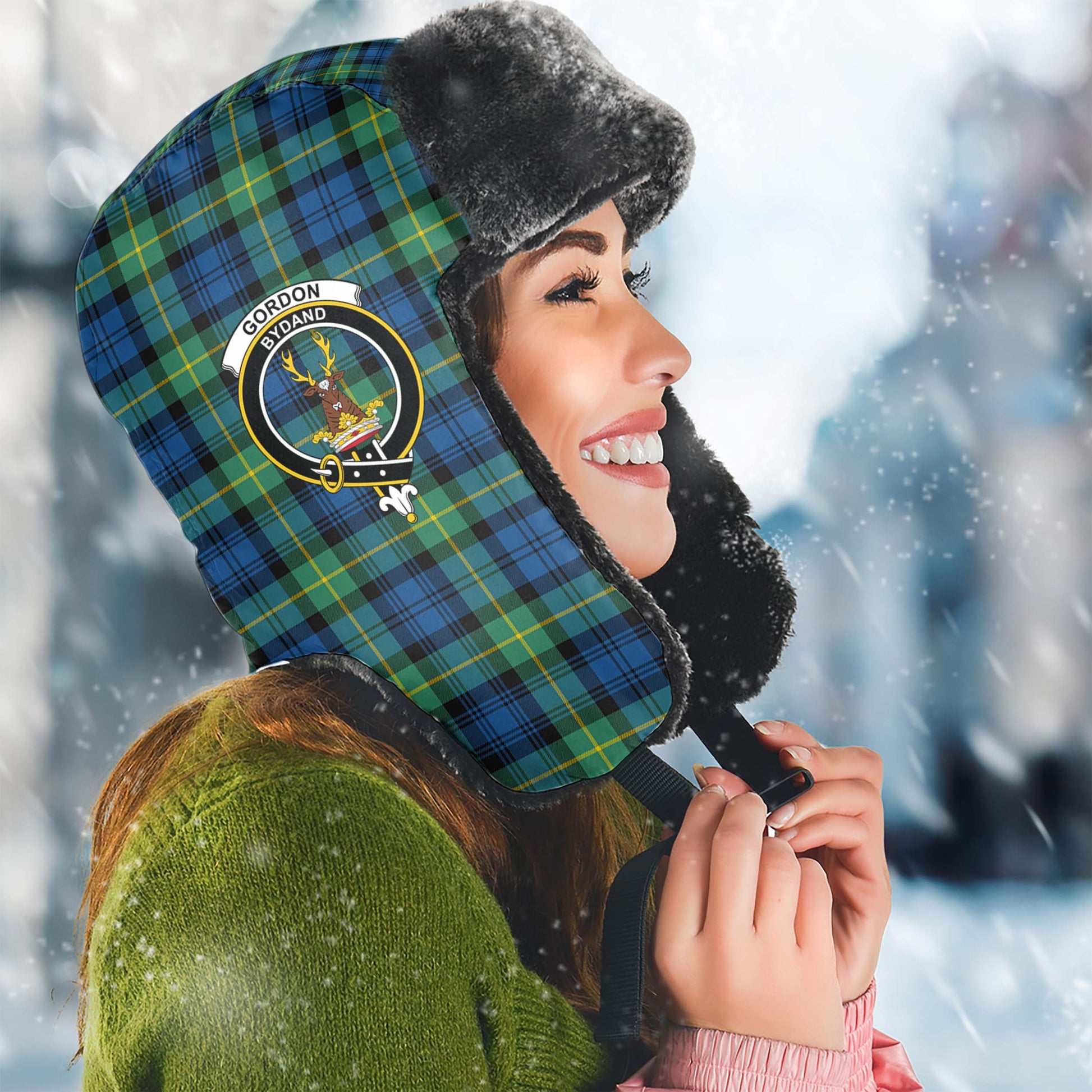 Gordon Ancient Tartan Winter Trapper Hat with Family Crest Winter Trapper Hat Universal Fit Circumference 22.8in (58cm) - Tartanvibesclothing