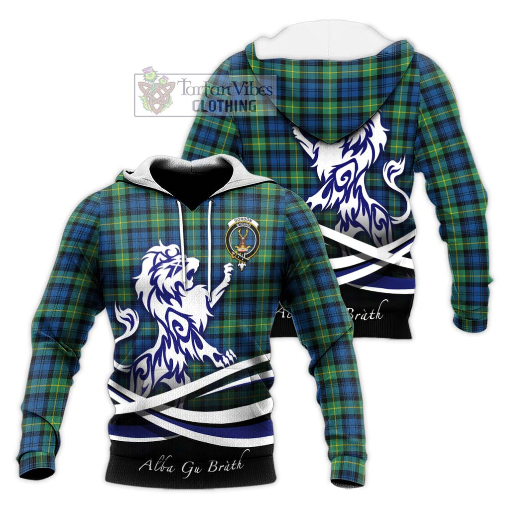 Gordon Ancient Tartan Knitted Hoodie with Alba Gu Brath Regal Lion Emblem Unisex Knitted Pullover Hoodie - Tartanvibesclothing Shop