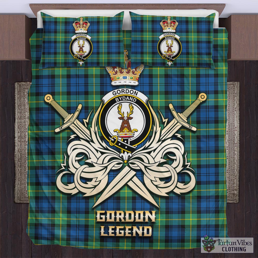 Tartan Vibes Clothing Gordon Ancient Tartan Bedding Set with Clan Crest and the Golden Sword of Courageous Legacy