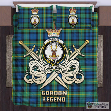 Gordon Ancient Tartan Bedding Set with Clan Crest and the Golden Sword of Courageous Legacy