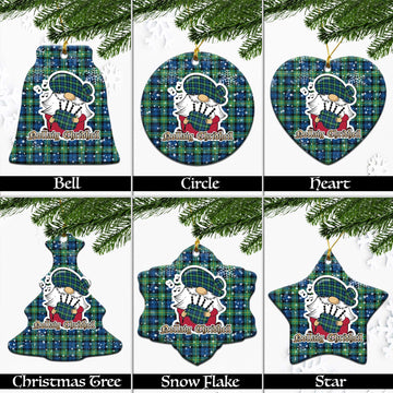 Gordon Ancient Tartan Christmas Ceramic Ornaments with Scottish Gnome Playing Bagpipes