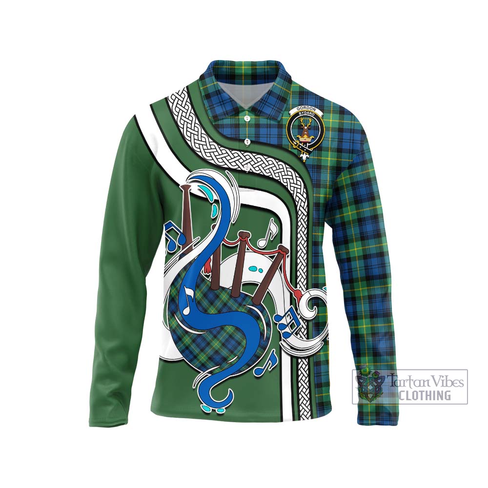 Tartan Vibes Clothing Gordon Ancient Tartan Long Sleeve Polo Shirt with Epic Bagpipe Style