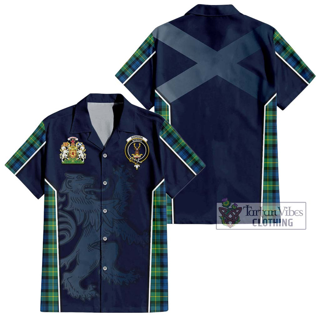 Gordon Ancient Tartan Short Sleeve Button Shirt with Family Crest and Lion Rampant Vibes Sport Style Kid - Tartan Vibes Clothing