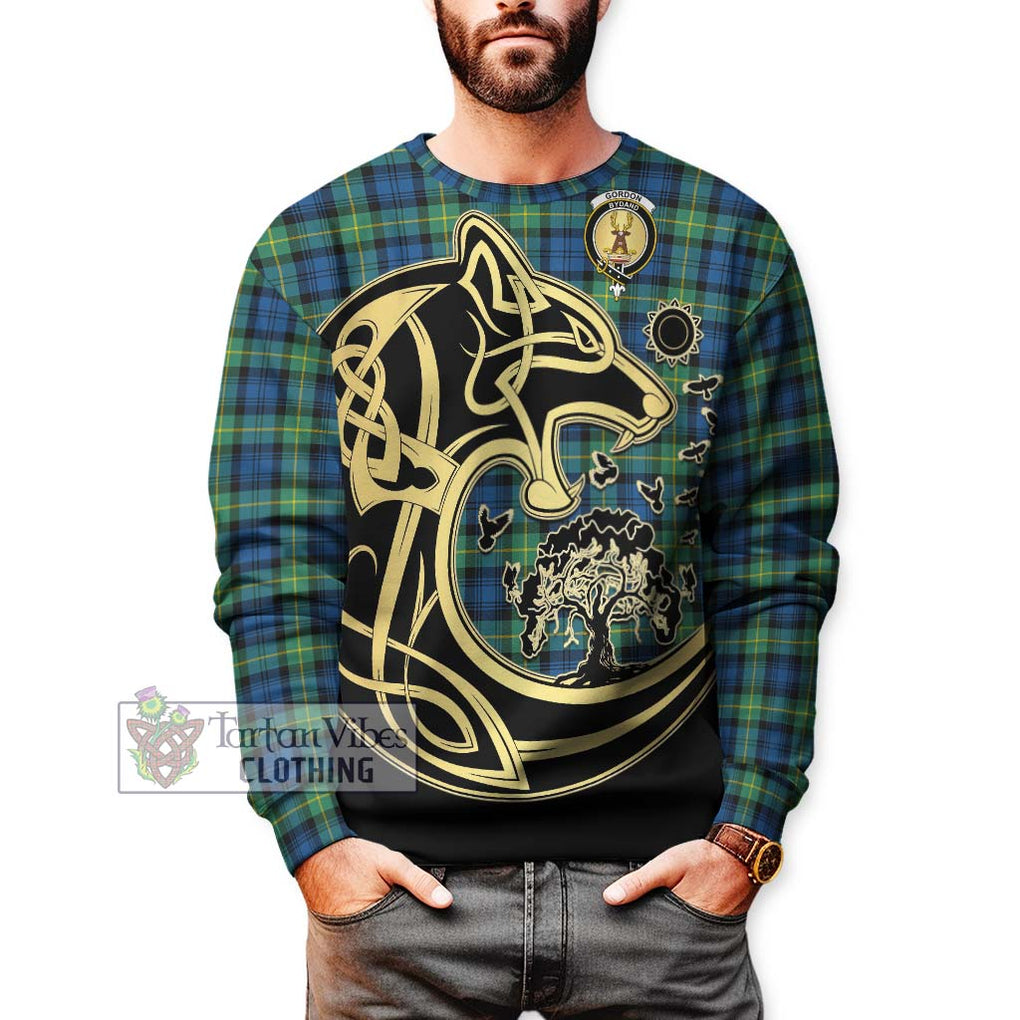 Gordon Ancient Tartan Sweatshirt with Family Crest Celtic Wolf Style Unisex - Tartan Vibes Clothing