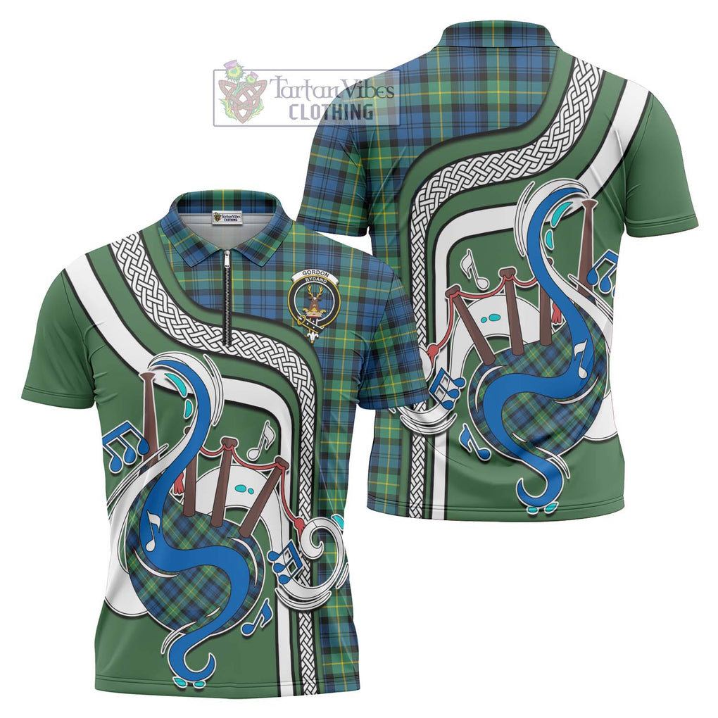 Gordon Ancient Tartan Zipper Polo Shirt with Epic Bagpipe Style Unisex - Tartanvibesclothing Shop