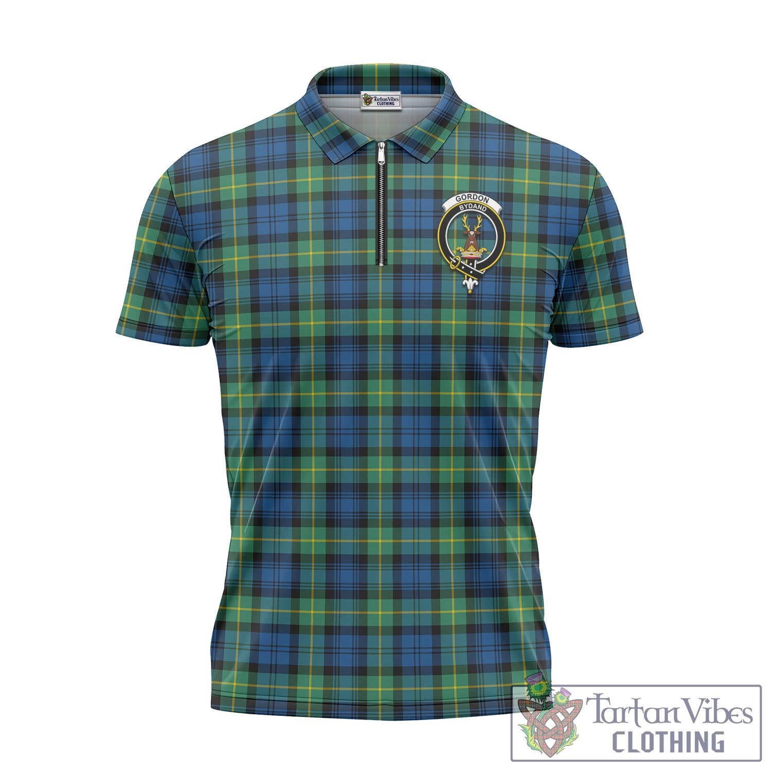 Tartan Vibes Clothing Gordon Ancient Tartan Zipper Polo Shirt with Family Crest