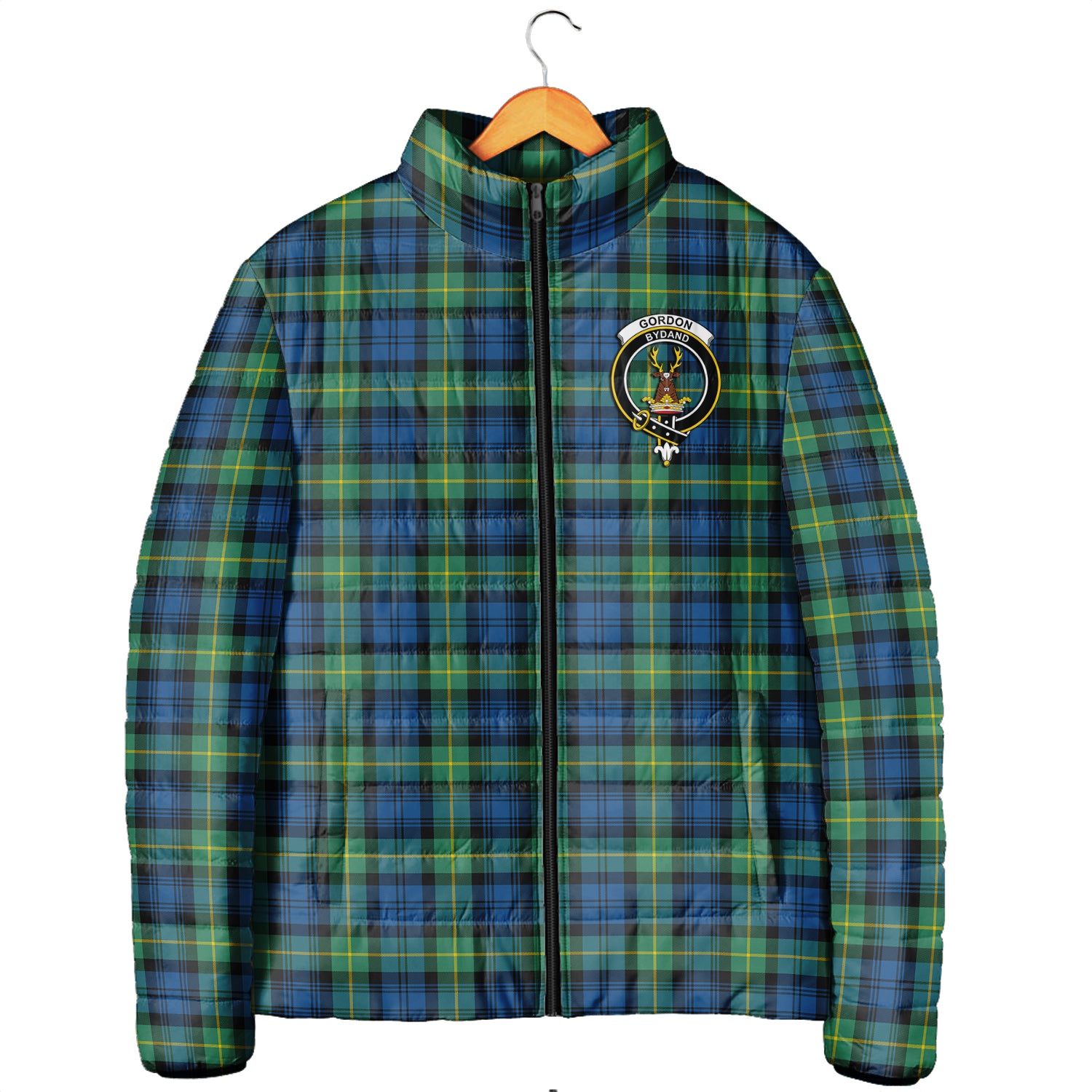 Gordon Ancient Tartan Padded Jacket with Family Crest Men's Padded Jacket - Tartan Vibes Clothing